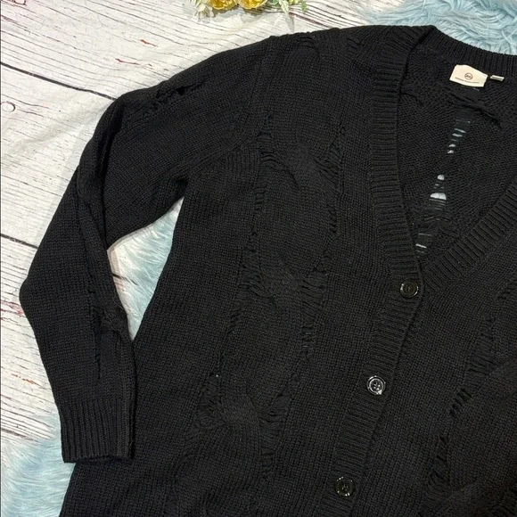 NWOT AG Adriano Goldschmied Black Open Knit Cable Button Cardigan